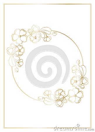 Rectangular template with a round border frame decorated with sakura, cherry, almond flowers. Vector Illustration
