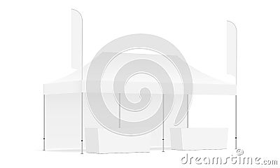 Rectangular tent mock up with one wall, feather flags, demonstration tables Vector Illustration