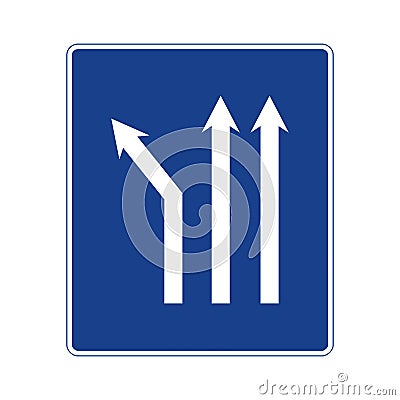 Rectangular traffic signal in blue and white, isolated on white background. Fork to the left on a three-lane road Vector Illustration