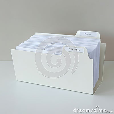 Rectangular white file organizer containing neatly arranged white file folders with Stock Photo