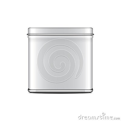 Rectangular white gloss tin can. Container for coffee, tea, sugar, sweet, spice. Vector realistic illustration packaging Cartoon Illustration