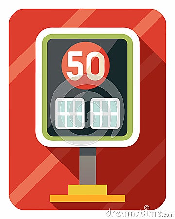 A rectangular white sign displaying the speed limit with a small solar panel on the bottom edge to power the illuminated Vector Illustration