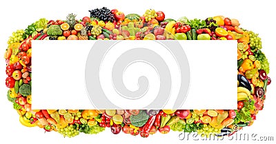 Rectangular wide frame colorful fruits, vegetables and berries isolated on white Stock Photo