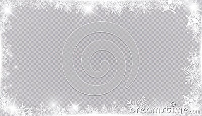 Rectangular winter snow frame border with stars, sparkles and snowflakes on transparent background. Festive christmas Vector Illustration