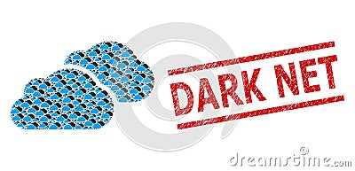 Clouds Recursive Mosaic of Clouds Items and Distress Dark Net Seal Stamp Vector Illustration