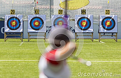 Recurve bow archery on target Stock Photo