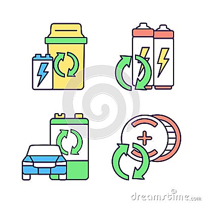 Recyclable battery types RGB color icons set Vector Illustration