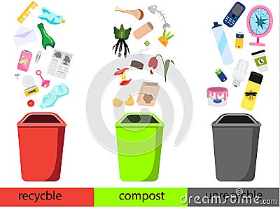 Recyclable, compost and non recyclable garbage. Types of waste with trash bins Vector Illustration