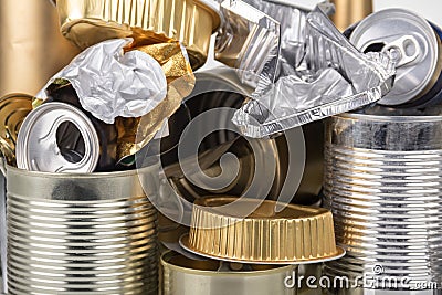 Recyclable metal close-up. Tin cans, foil, beer cans Stock Photo