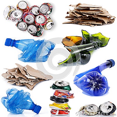 Recyclable waste collage in white background Stock Photo