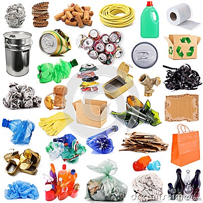 Recyclable waste collage in white background Stock Photo