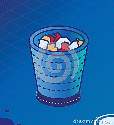 Recycle Bin Icon. Isometric Trash Can Icon with Papers Stock Photo