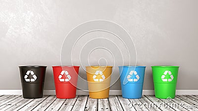 Recycle Bin Set on Wooden Floor Against Wall Stock Photo