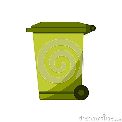 Recycle bin for trash and garbage. Street plastic wheelie waste bin. Rubbish container. Green color icon of dumpster isolated on Vector Illustration