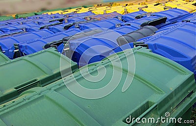 Recycle Bins, Green, Blue and Yellow Stock Photo