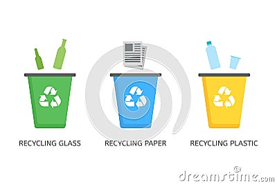 Recycle bins for plastic, paper, glass vector icons in flat style Vector Illustration