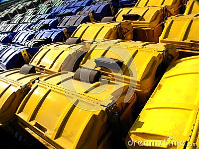 Recycle Bins, Yellow, Blue and Green Stock Photo