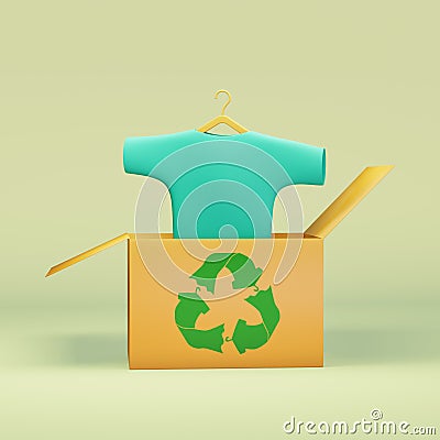 Recycle clothes symbol on box with t shirt on hanger, 3D illustration Cartoon Illustration