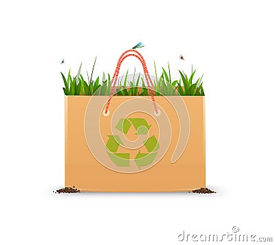 Recycle eco bag idea, paper bag full of green grass and recycle sign, eco bag idea , Vector Illustration