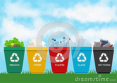 Recycle garbage bins plastic organic battery glass metal paper. Trash Stock Photo