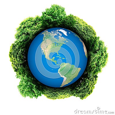 Recycle logo with tree and earth. Eco globe with recycle signs. Ecology planet with with trees around. eco earth Stock Photo