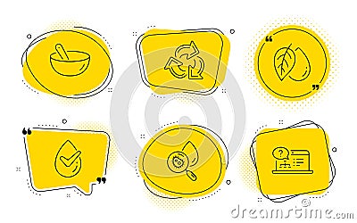 Recycle, Mineral oil and Dermatologically tested icons set. Water analysis, Cooking mix and Online help signs. Vector Vector Illustration