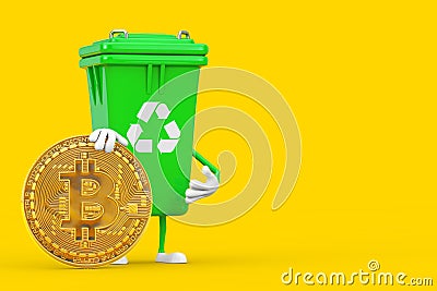 Recycle Sign Green Garbage Trash Bin Character Mascot with Digital and Cryptocurrency Golden Bitcoin Coin. 3d Rendering Stock Photo