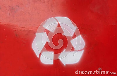 Recycle sign on red background and three white arrows. Eco way to protect the planet Stock Photo