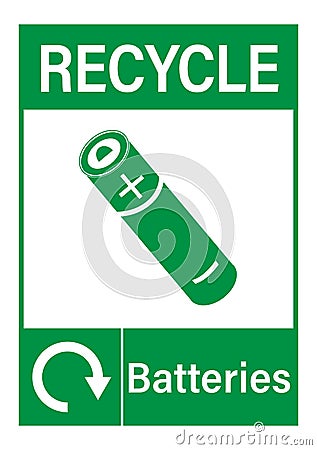 Recycle sign for used batteries with symbol and text. Vector Illustration