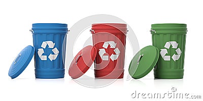 Recycle trash cans on white background. 3d illustration Cartoon Illustration