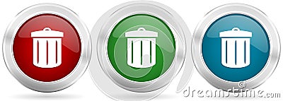 Recycle vector icon set. Red, blue and green silver metallic web buttons with chrome border Vector Illustration