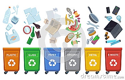 Recycle waste bins. Different trash types color containers sorting wastes organic trash paper can glass plastic bottle Vector Illustration