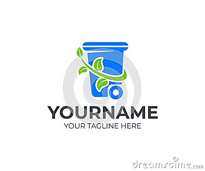 Recycle and waste disposal, refuse container with a branch and leaves around, logo design. Ecology, environment and earth protecti Vector Illustration
