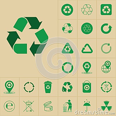 Recycle Waste Symbol Green Arrows Logo Set Web Icon Collection Vector Illustration