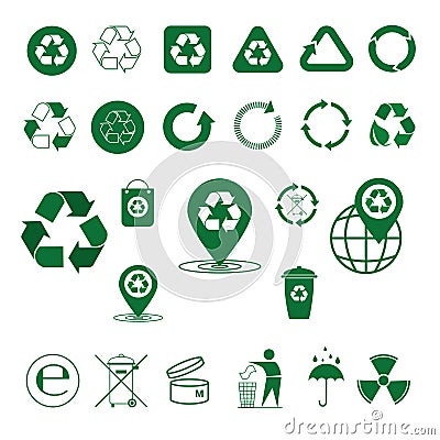 Recycle Waste Symbol Green Arrows Logo Set Web Icon Collection Vector Illustration