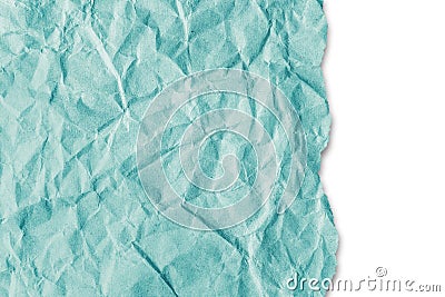 Recycled crumpled turquoise paper texture with a torn edge isolated on white background Stock Photo