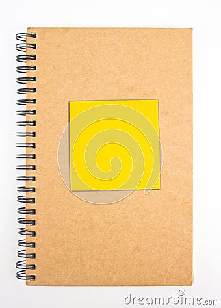 Recycled Paper Notebook Front Cover With Yellow Sticky Note. Stock Photo