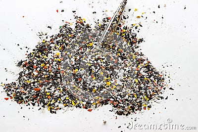 Recycled plastic bottles. Polymeric pellets. Polymer granules. Stock Photo