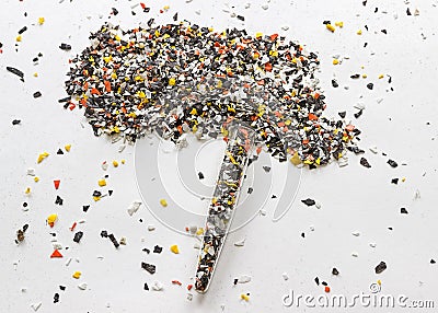 Recycled plastic bottles. Polymeric pellets. Polymer granules. Stock Photo