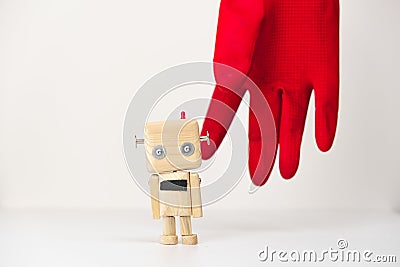 recycled toy, wood and red rubber gloves. Stock Photo