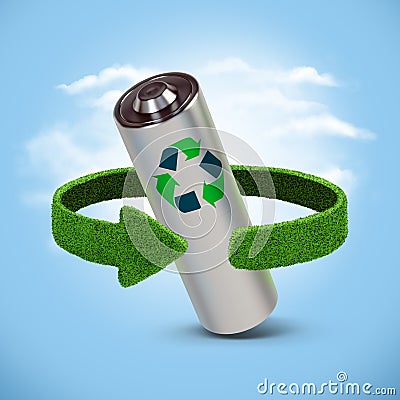 Recycling batteries and accumulators. Concept with green arrows from the grass. Recycling concept Stock Photo