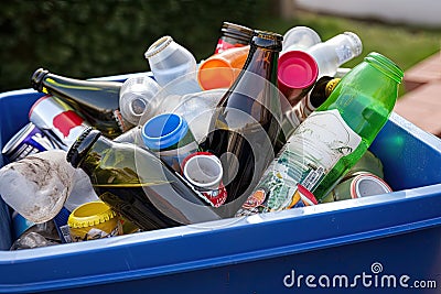 recycling bin filled with bottles, cans, and other recyclables Stock Photo