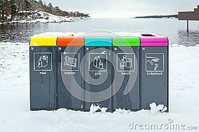 Recycling bins at Baltic Sea of Sweden for protect environment Stock Photo