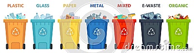 Recycling bins. Containers with separated garbage. Trash cans for plastic, glass, paper and organic. Segregate waste Vector Illustration