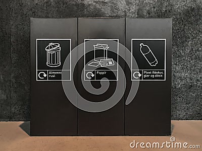 Recycling bins with Icelanding signs in iceland Stock Photo