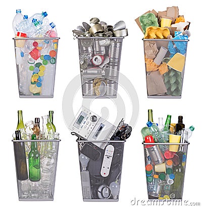 Recycling bins with paper, plastic, glass, metal, and electronic waste Stock Photo