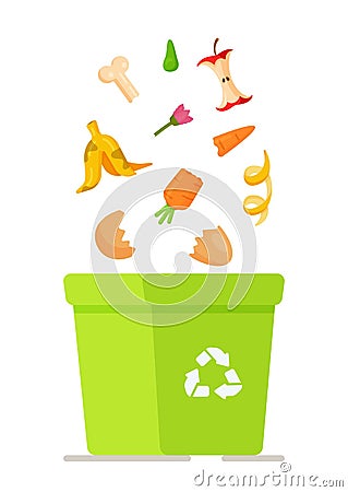 Vector illustration of ordering services for garbage collection, recycling plant. Cartoon trash and food garbage, garbage collecti Vector Illustration
