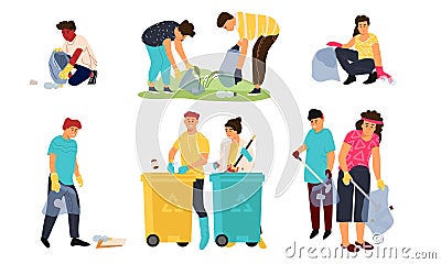 Recycling characters. Cartoon men women and children collecting garbage in containers for sorting and recycling. Vector Vector Illustration