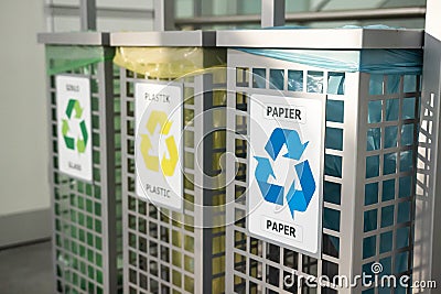 Recycling concept. bins for different garbage. Waste management concept. Waste segregation. Separation of waste on garbage cans Stock Photo