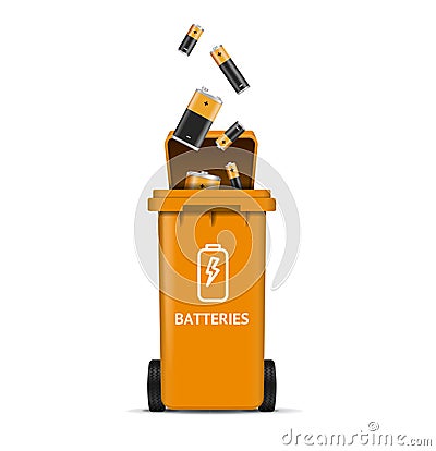 Recycling Concept with Realistic Detailed 3d Garbage Bin and Falling Battery. Vector Vector Illustration